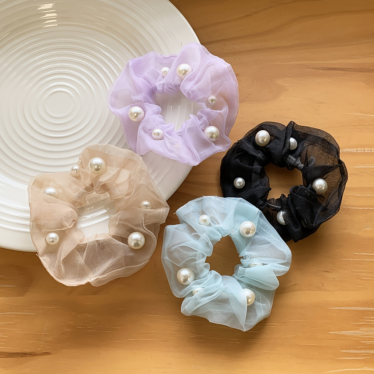 Set of 4 Fabric Hair Ties with Rhinestone for Women and Girls 14+ Elegant Minimalist Style