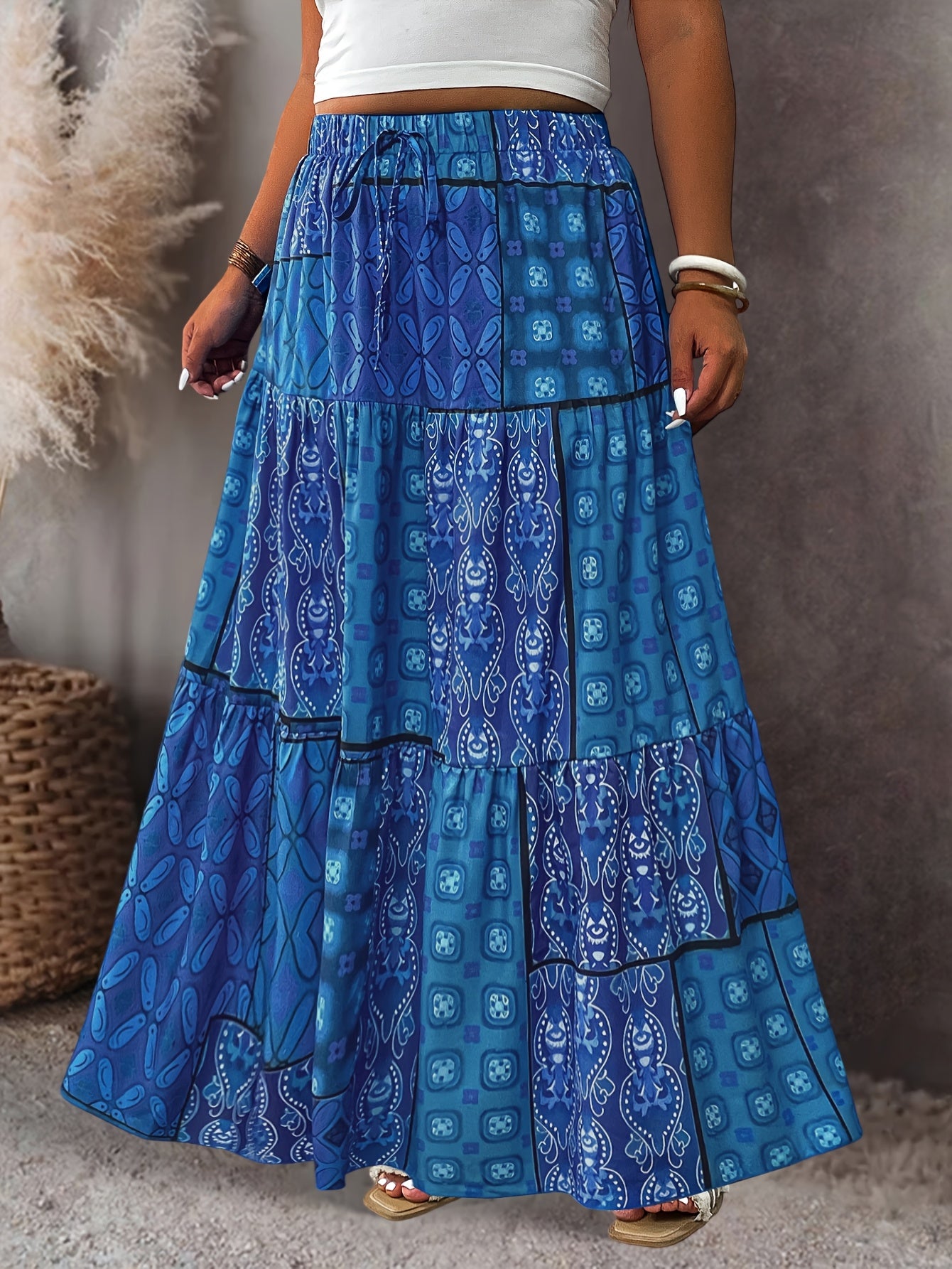 Plus Size Women's Pleated Midi Skirt with Blue Floral Print Adjustable Waist