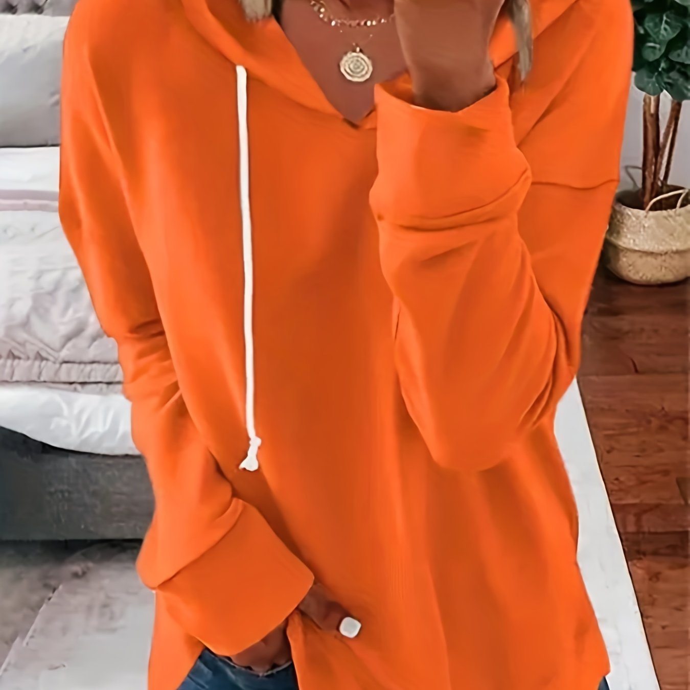 Women’s Plus Size Long Sleeve Solid Hoodie With Drawstring and Stretch