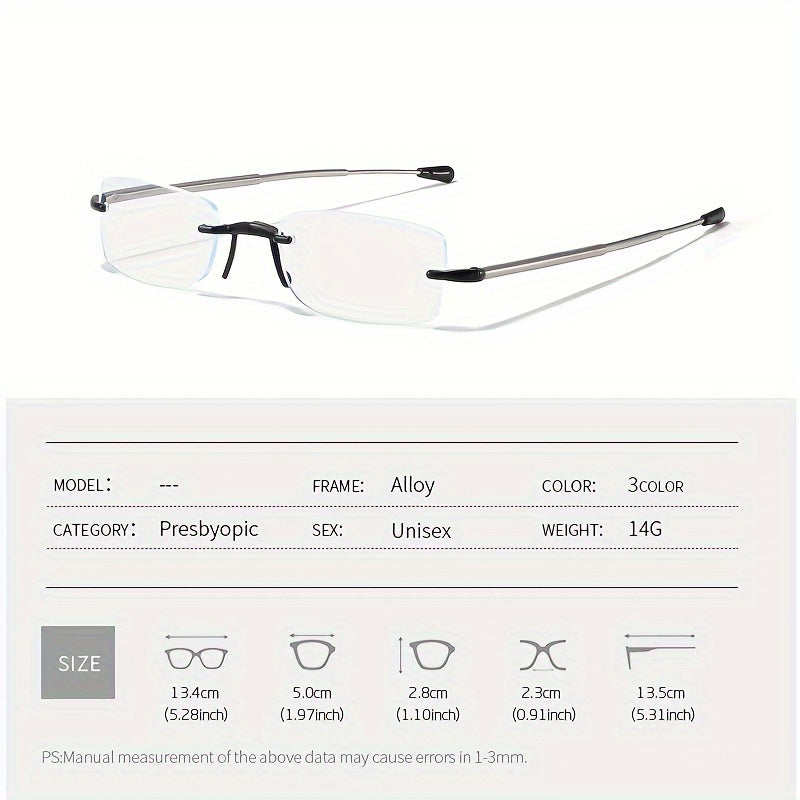 Unisex Portable Folding Rimless Reading Glasses for Computer Use Presbyopia +1.0 to +4.0