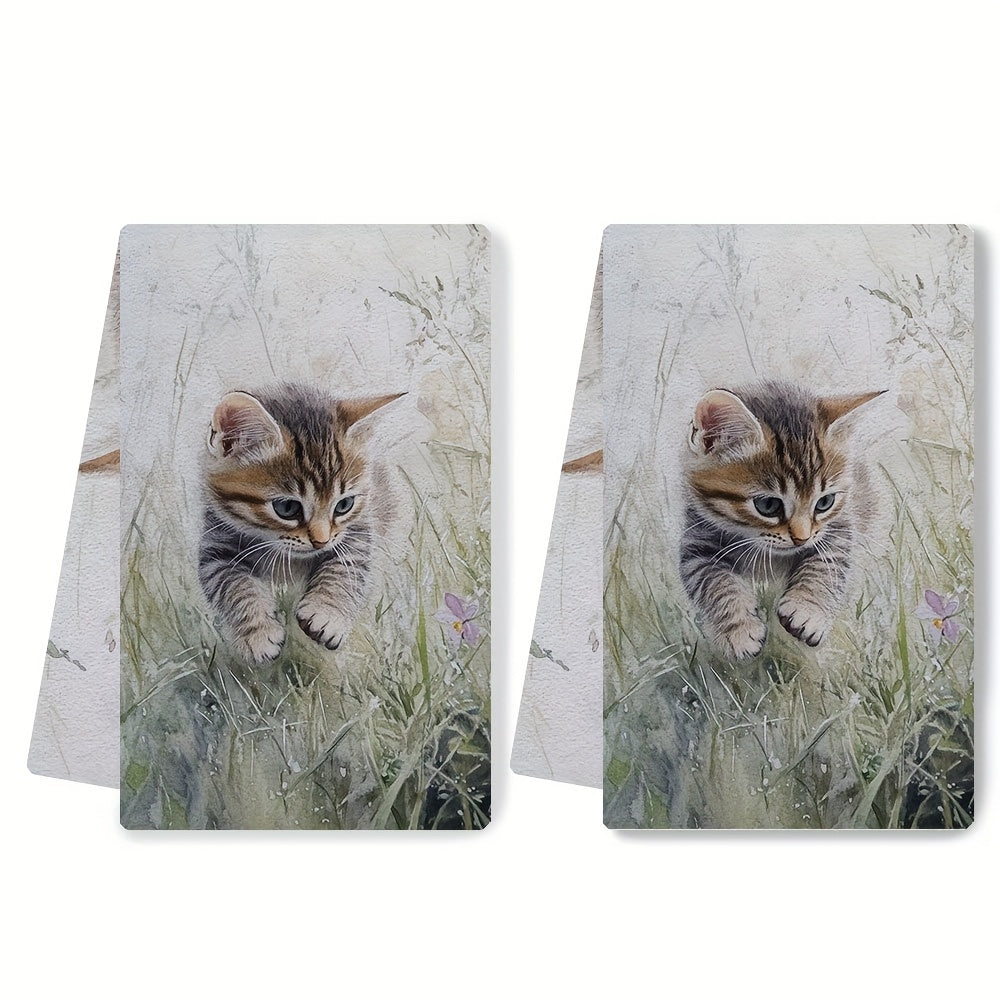 Kitten and Grass Kitchen Towels, Ultra Soft, Highly Absorbent, 16x24 Inches