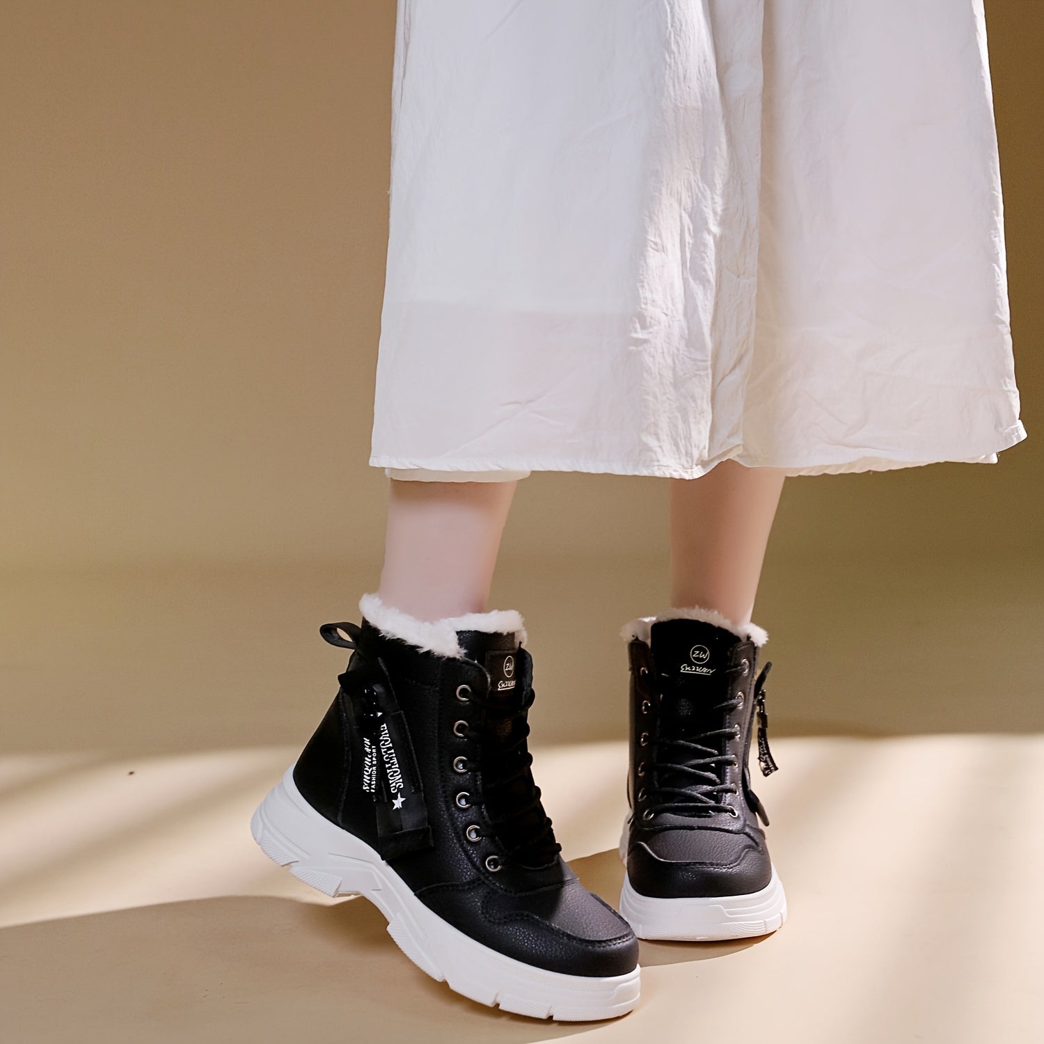 Women’s Fleece-Lined Ankle Snow Boots with Rubber Sole and Mid-Heel