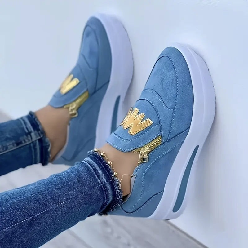 Women's Breathable Casual Sneakers with Zipper Light Blue Low-Top Sport Shoes