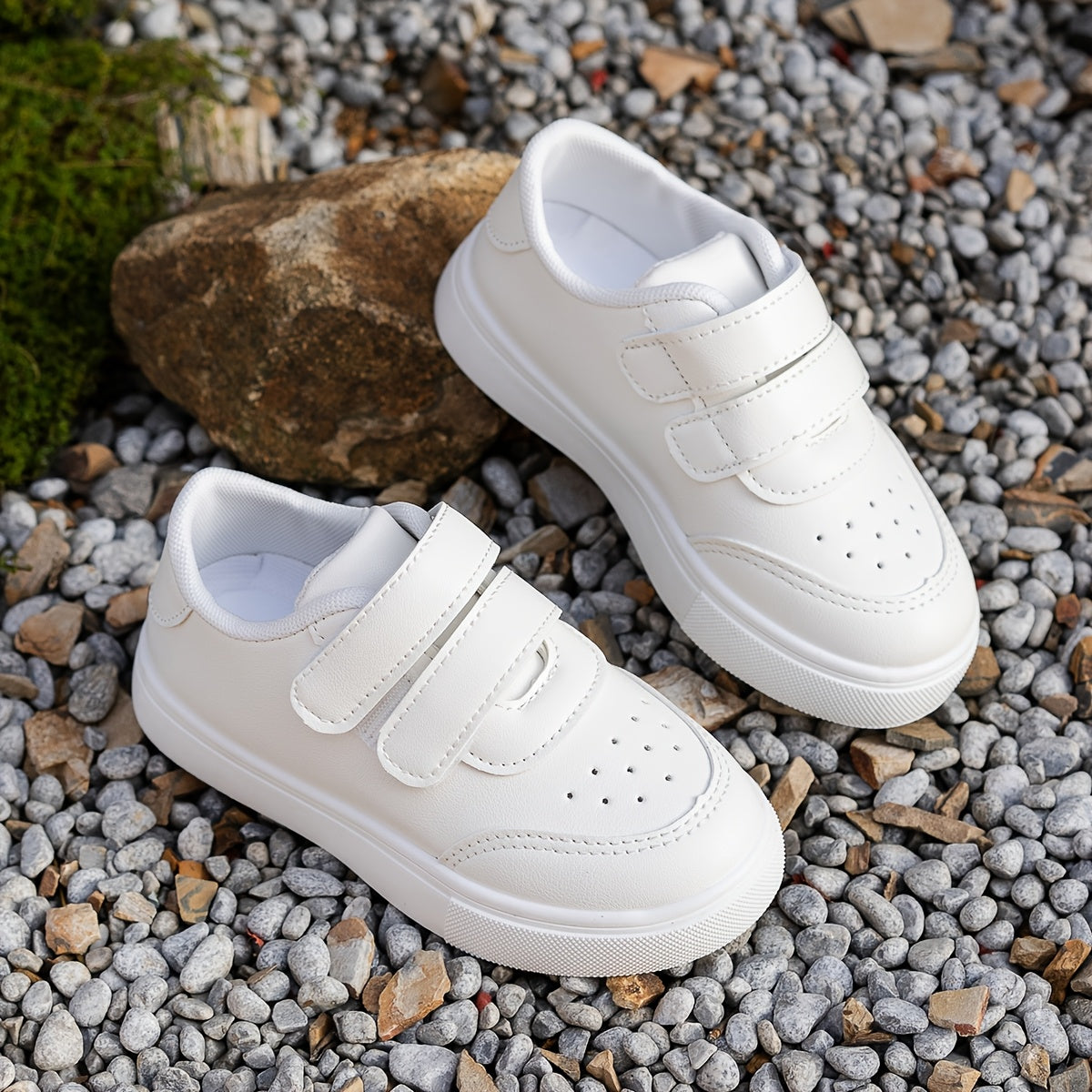 Kids White Low-Top Casual Sneakers with Elastic Fastener Straps Breathable Fabric Rubber Sole