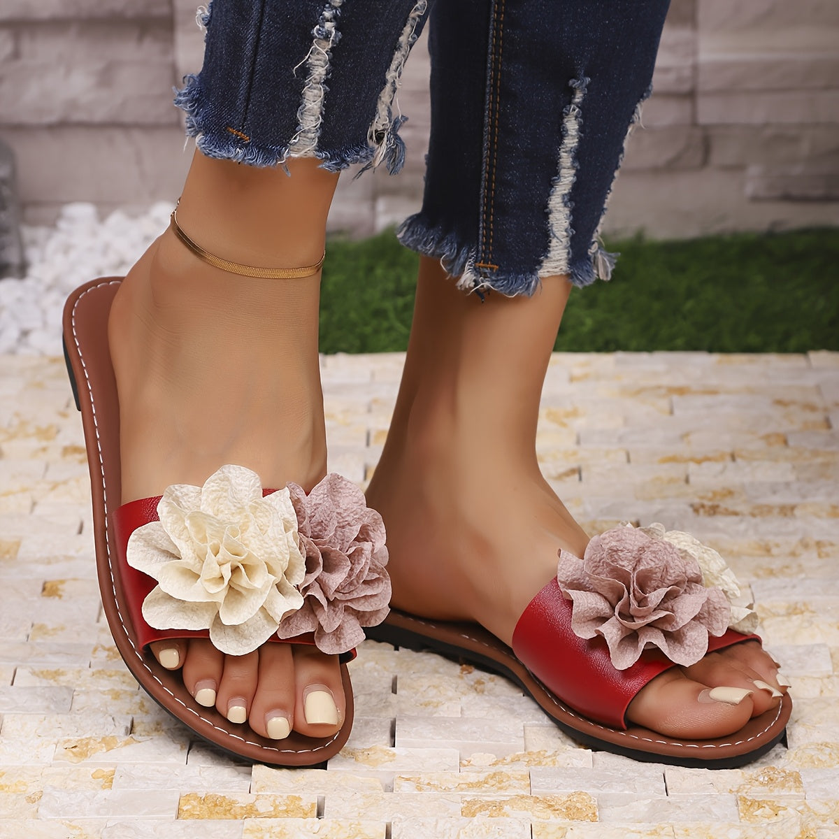 Женские цветочные шлепанцы на плоской подошве с открытым носком, повседневные бежевые и коричневые