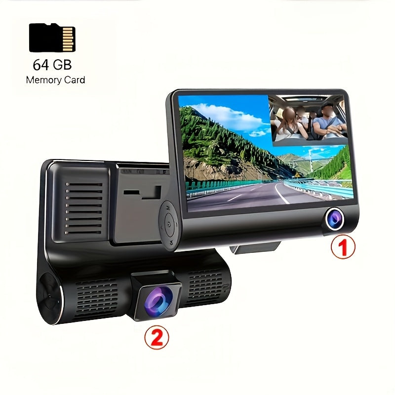 Cámara de tablero para coche con visión nocturna de tres lentes, grabación en bucle 720p, memoria de 64GB