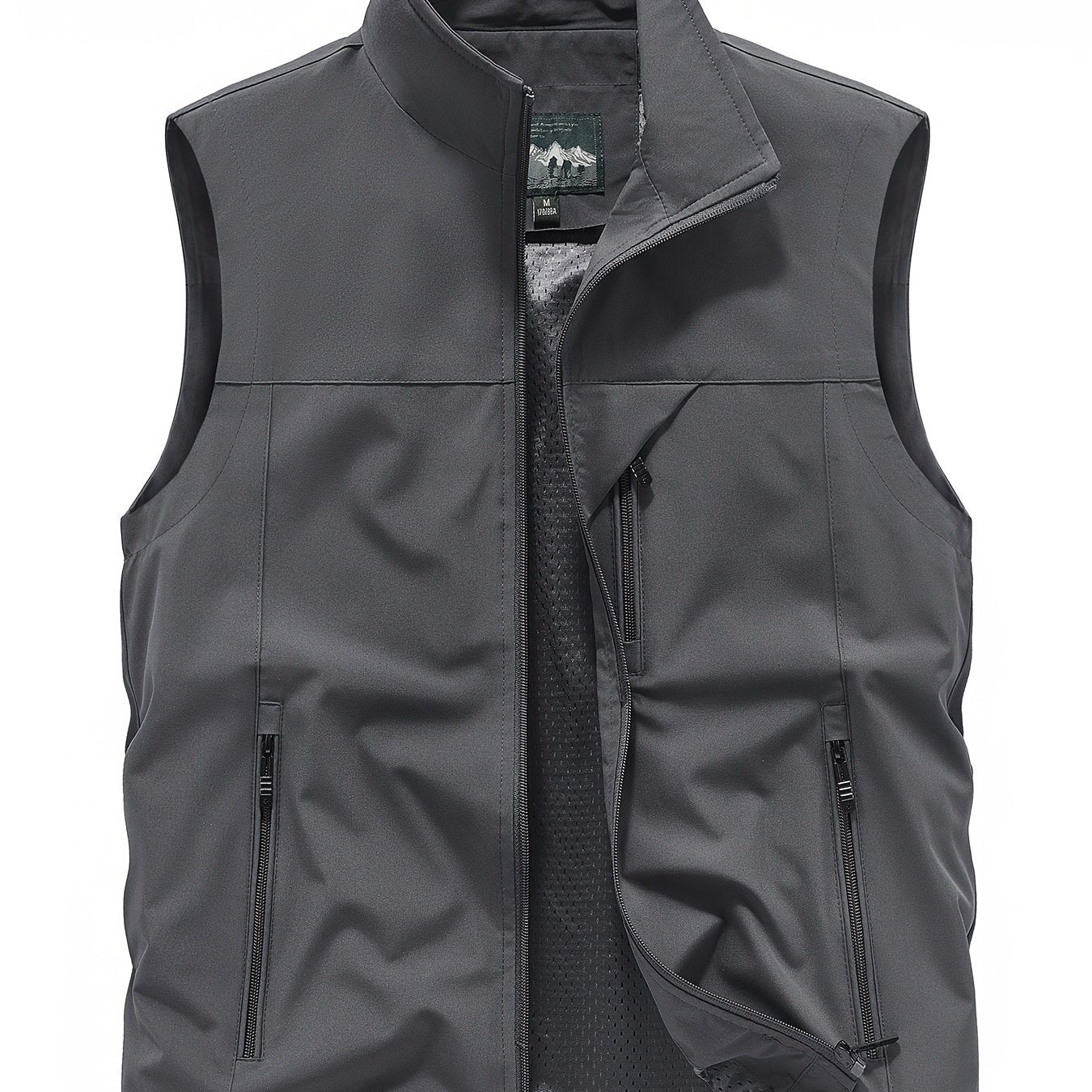 Men's Polyester Sleeveless Jacket with Zipper Pockets Stand Collar for Outdoor Activities