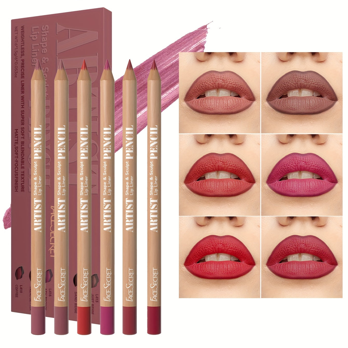 6-Piece Nude Waterproof Matte Lip Liner Set Long-Lasting Easy Application