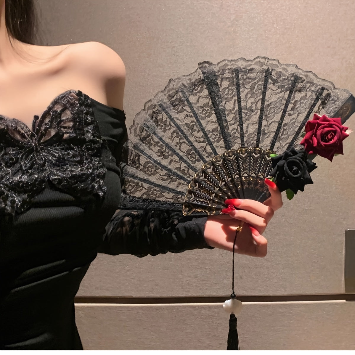 Black Folding Fan with Rose Lace Design for Weddings Parties and Gifts