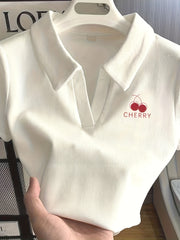 Women's Y2K White Cherry Print Top Short Sleeve Polyester Knit Spring Summer