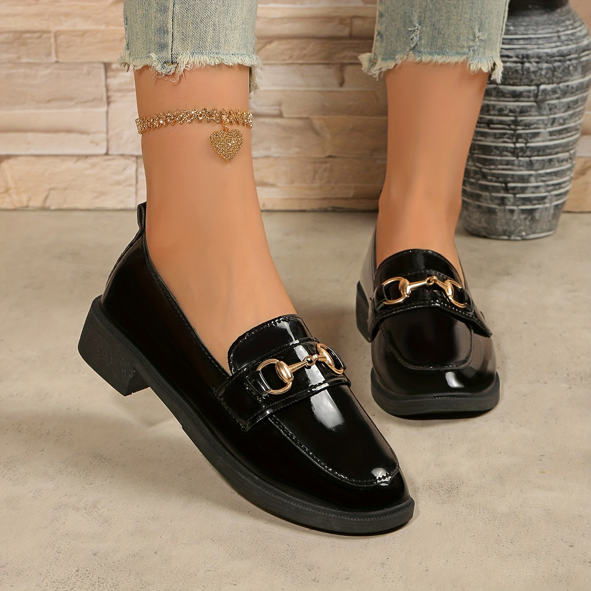 Women’s Slip-On Loafers Black PU Metallic Buckle Casual Office Shoes