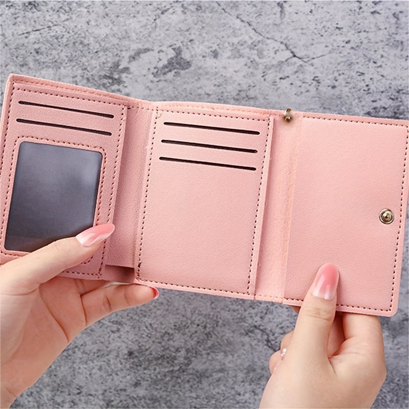 Billetera de cartón de gato rosa de tres pliegues para mujeres con llavero monedero y ranuras para tarjetas