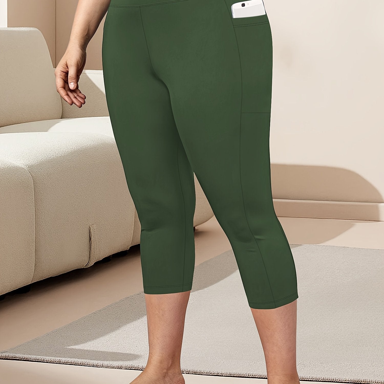 Ayollar uchun katta o'lchamli yuqori belli Capri legginslar, yon cho'ntaklar bilan
