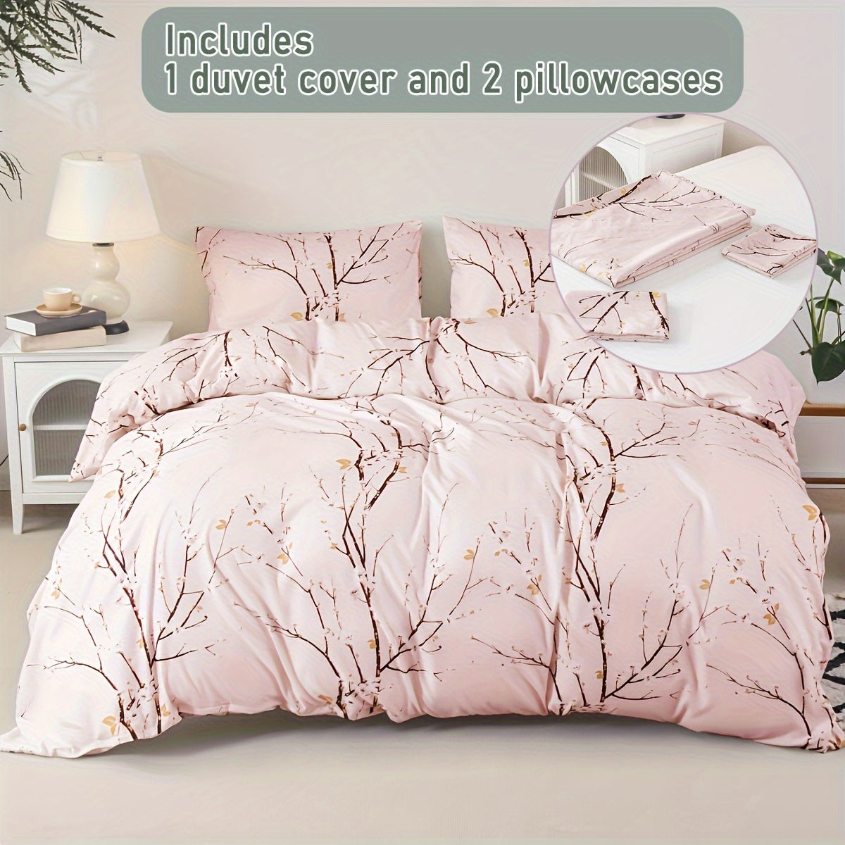 Flower Print Duvet Cover Set with Pillowcases Soft Bedding for Bedroom or Guest Room