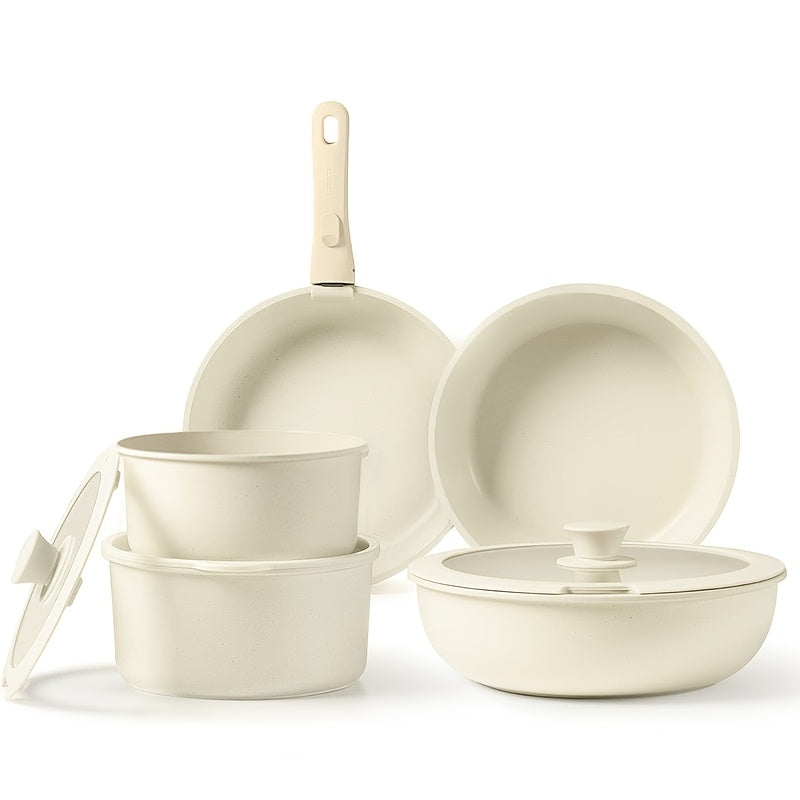 8-Piece Non-Stick Aluminum Cookware Set White Induction Safe Space-Saving