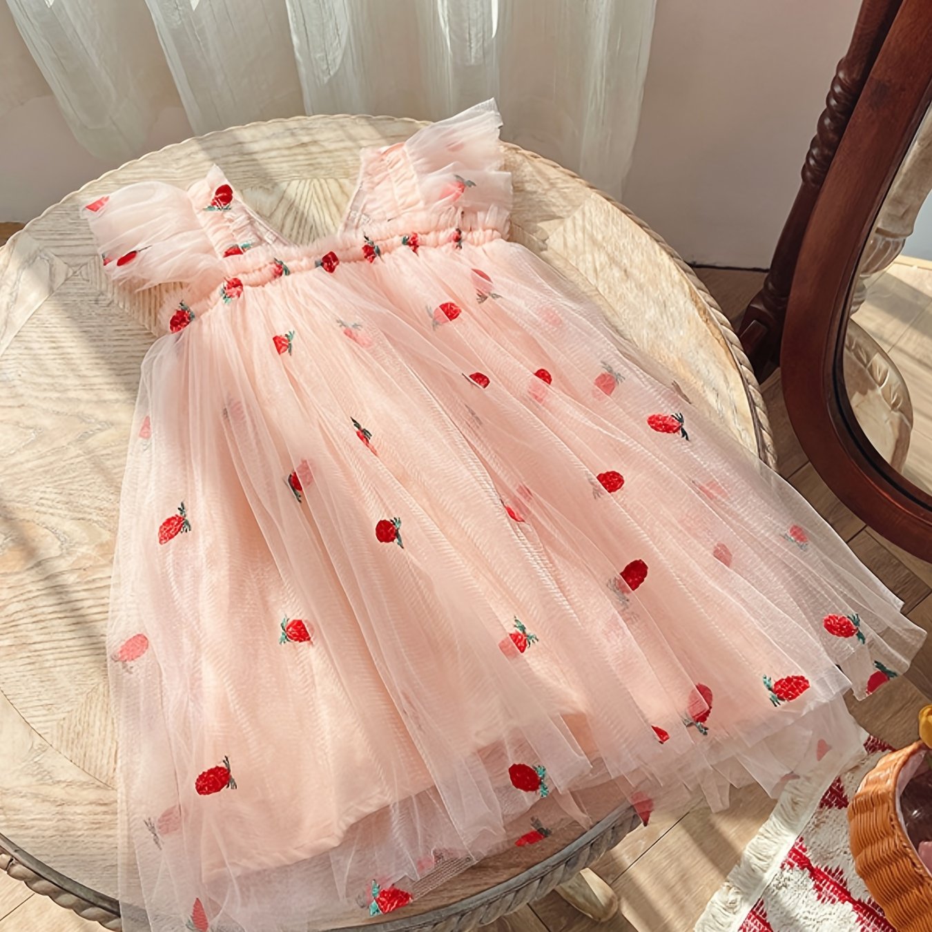 Girls Summer Dress Pink Cherry Embroidered Tulle Ruffled Sleeve Casual Lightweight Polyester