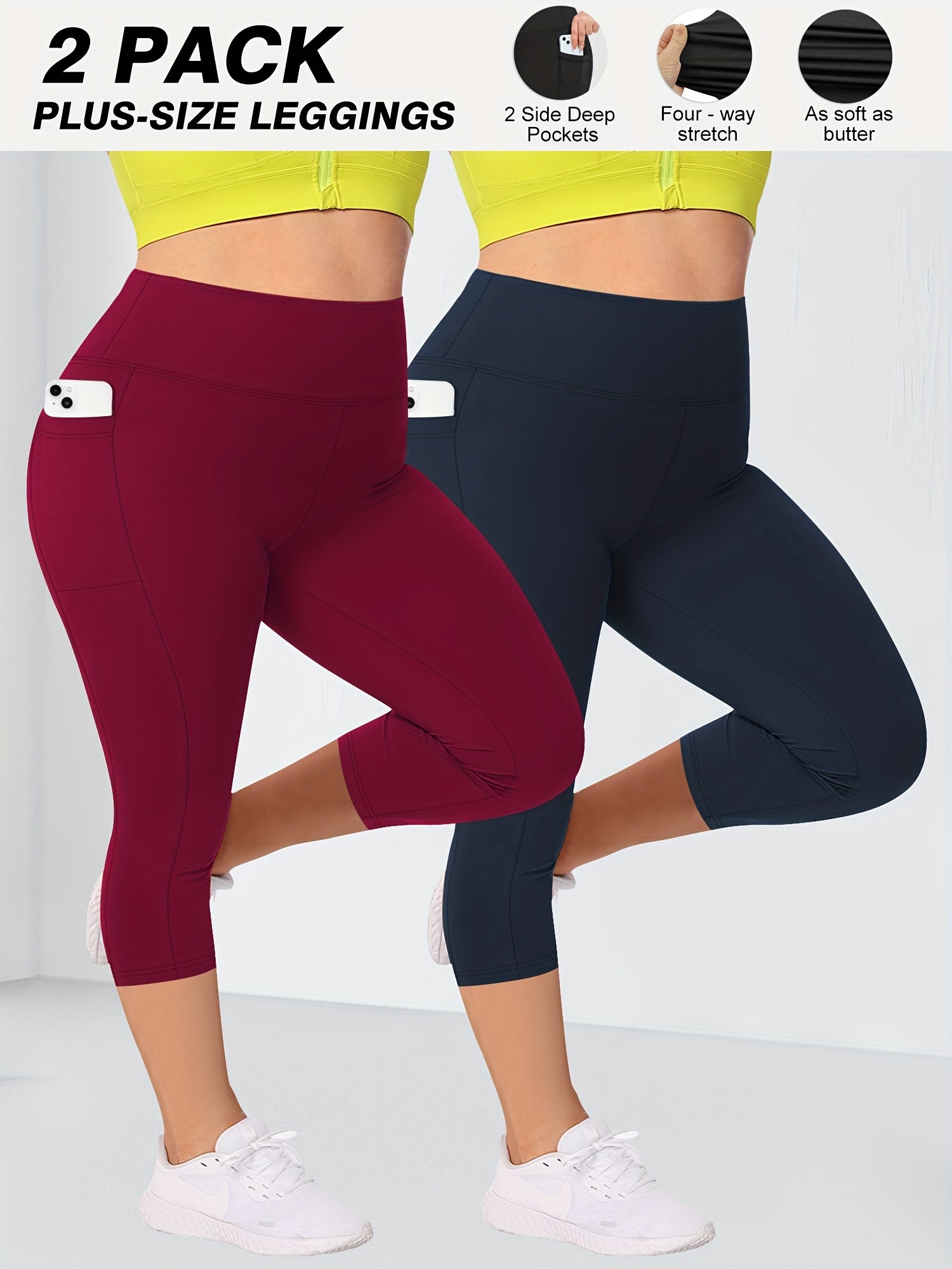 Pack de 2 leggings de yoga talla grande con cintura alta y bolsillo lateral ropa deportiva elástica