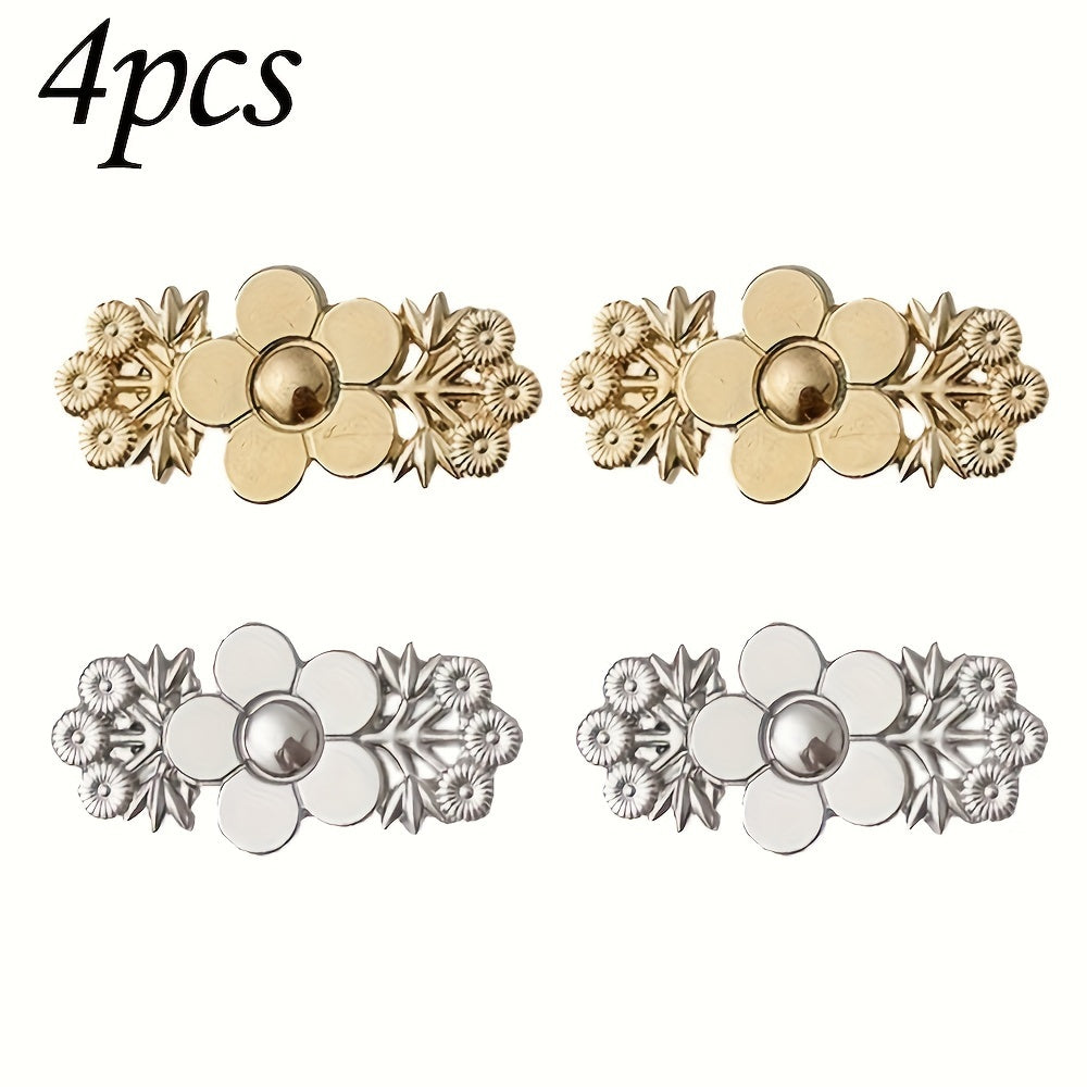 Juego de cuatro botones extensores de cinturilla de metal para vaqueros ajustables, ajustador de cintura de mezclilla con diseño floral