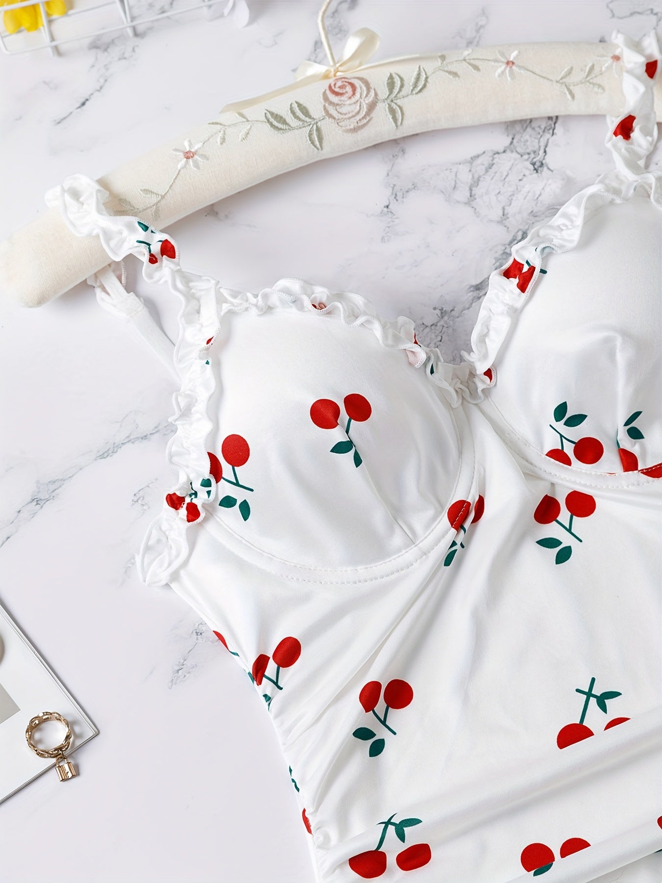 Women's Red Cherry Print Nightdress Set with Thong