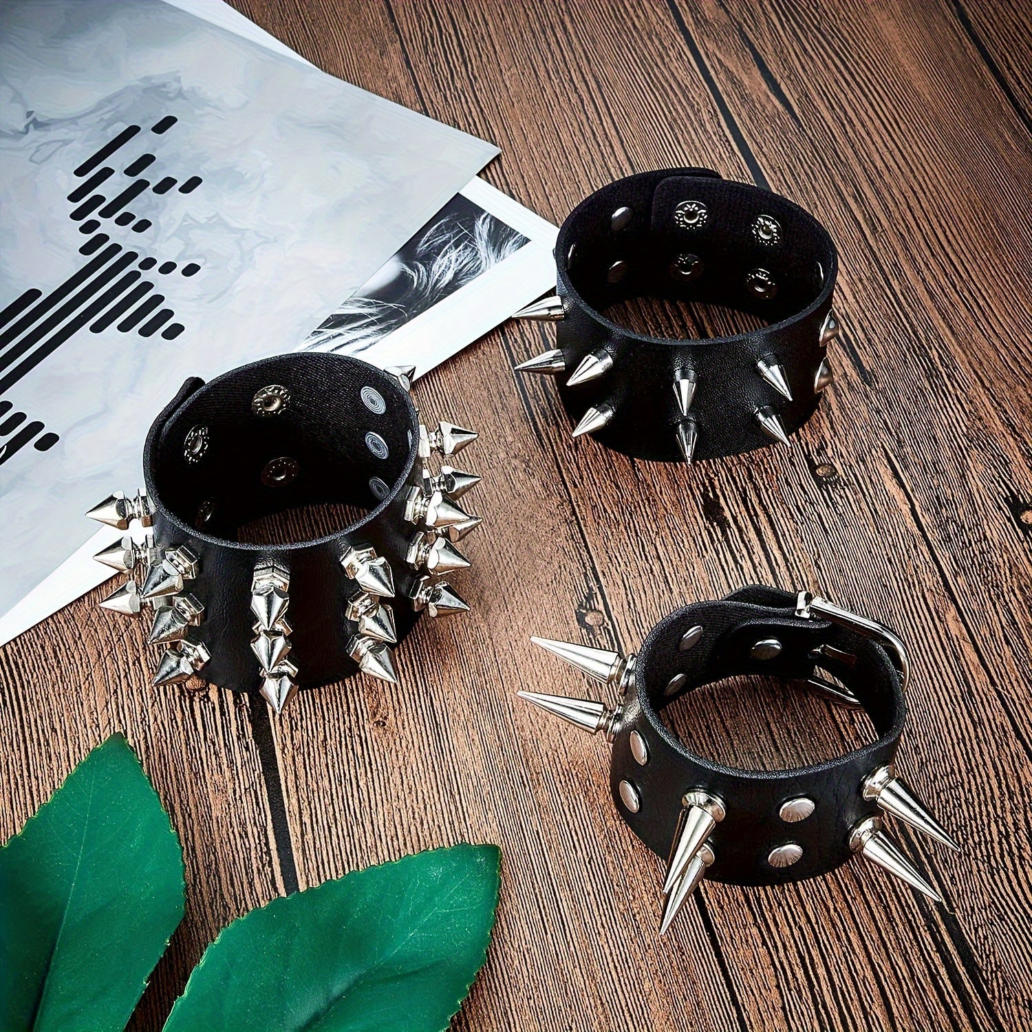 Set of 6 Black Punk Gothic Faux Leather Bracelets with Spikes Rivets Adjustable Wristbands