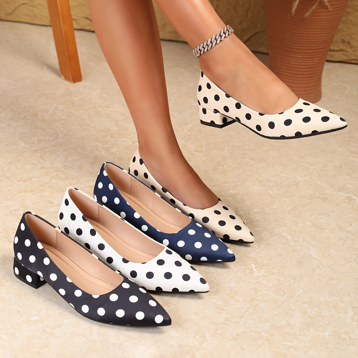 Women's Polka Dot Flats Synthetic Cover Rubber Sole Low Block Heel
