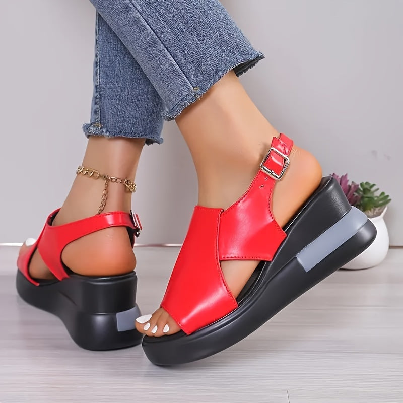 Women's Solid Color Platform Sandals with Ankle Buckle Wedge for Summer Beach Wear