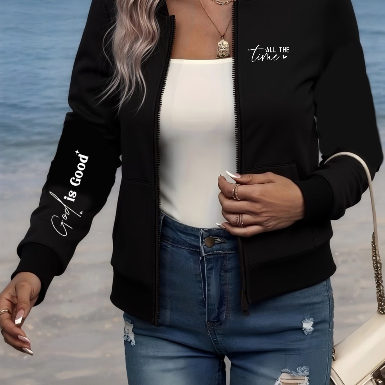 Plus Size Women's Bomber Jacket with Zipper Pockets and Long Sleeves