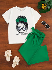 Girls Summer Casual Outfit with Cartoon Print Round Neck T-Shirt and Long Pants