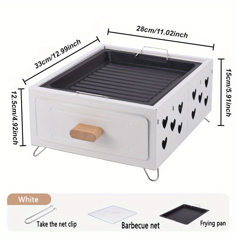 Portativ kvadrat BBQ grill, yopishmaydigan qoplama bilan - Kamping, uy va ochiq havoda pishirish uchun ko‘p maqsadli ko‘mir pechasi. Stainless steel konstruktsiya, choy qaynatish va go‘sht grill qilish uchun ideal.