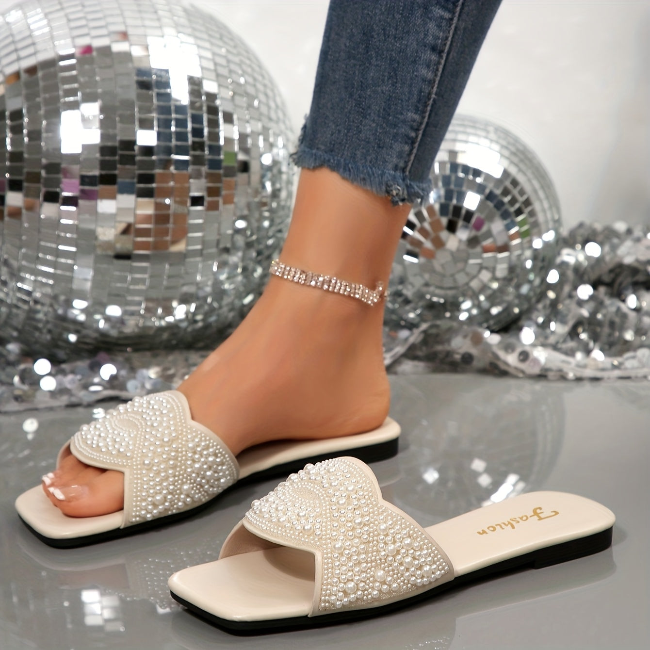 Women White Rhinestone Embellished Flat Square Toe Sandals Summer Wear