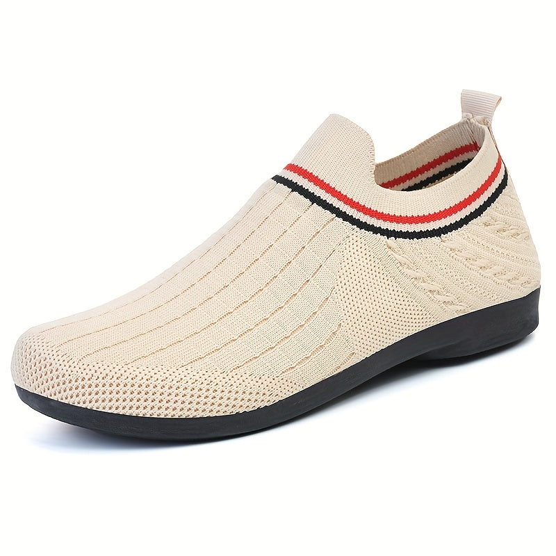 Women's Lightweight Knit Slip-On Sneakers Breathable Black Shoes with Red Gray Accents