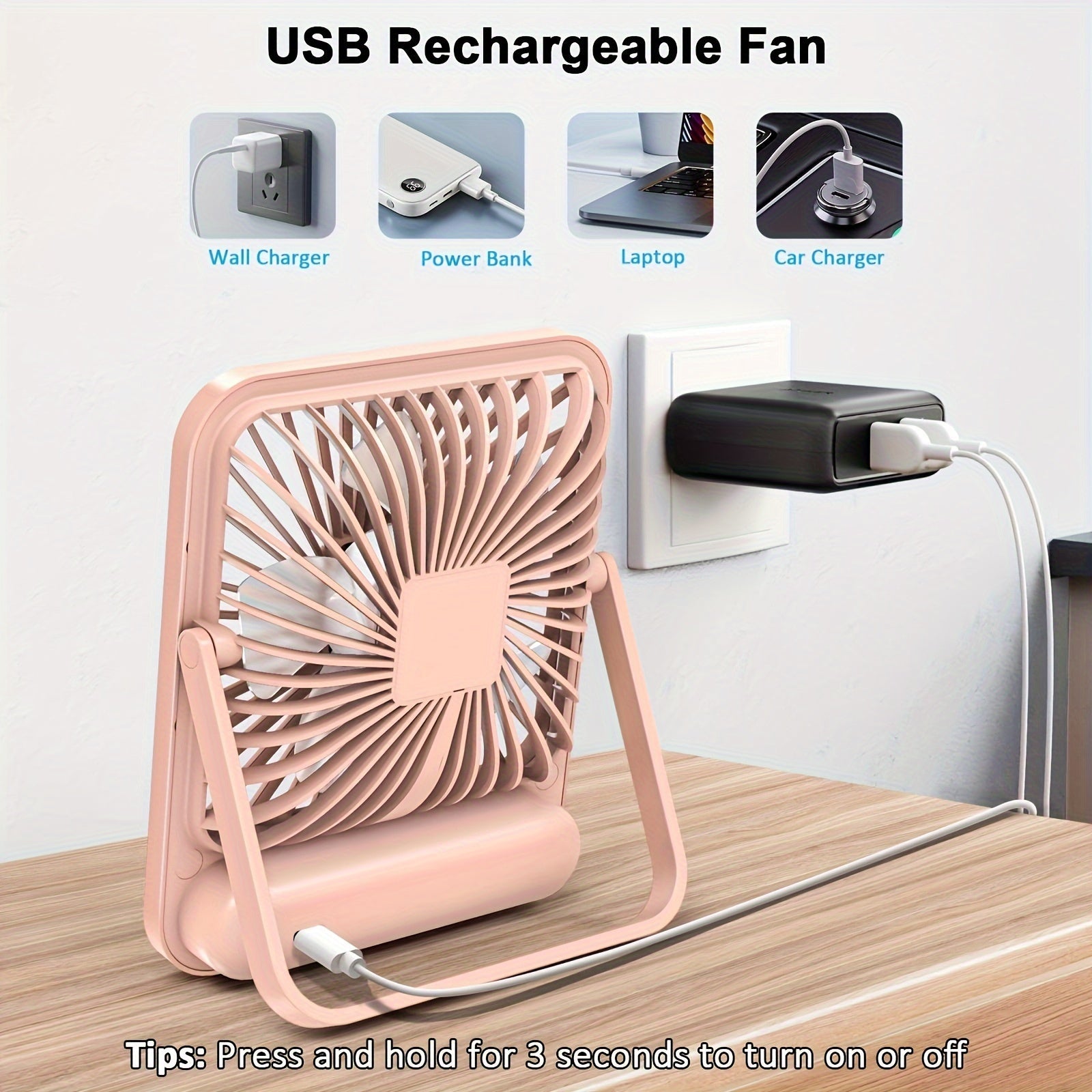 Portable USB Rechargeable Desk Fan with Digital Display, 5-Speed, 180° Tilt
