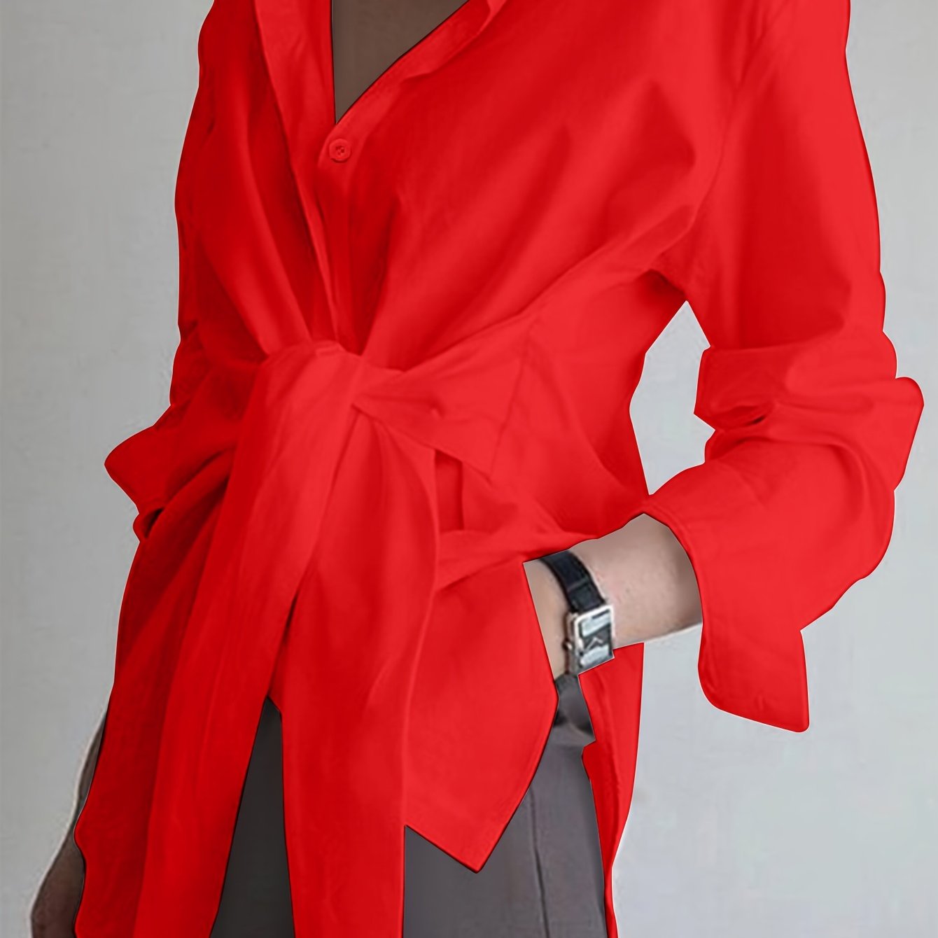 Women's Long Sleeve Polyester Shirt with Lapel Collar and Button Front