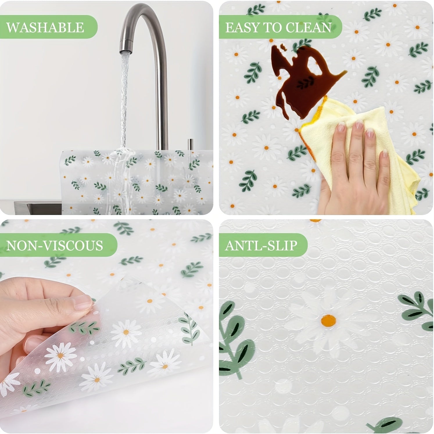 Daisy Pattern EVA Shelf Liner Waterproof Non-Slip Transparent for Kitchen Cabinets Drawers