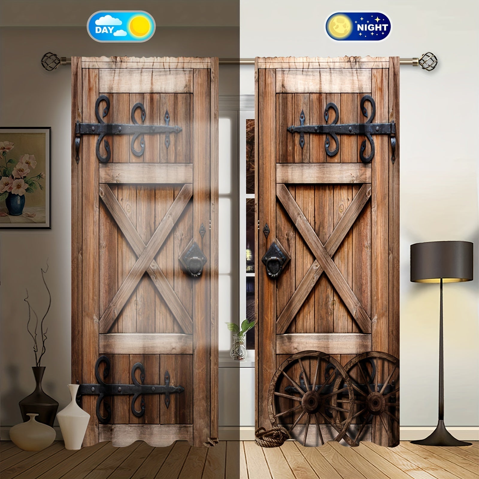 Set of 2 Rustic Wooden Door Printed Curtains for Bedroom Living Room Office Kitchen Window Treatments