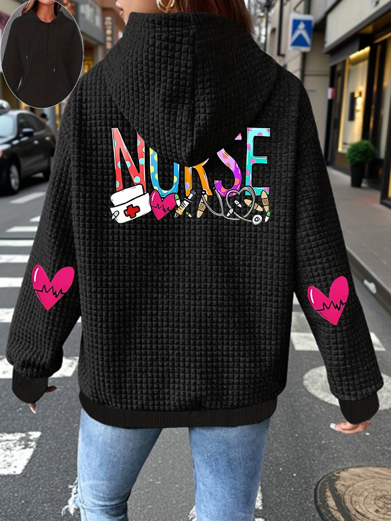 Chaqueta con capucha para mujer con estampado gráfico, casual, ropa de trabajo para enfermeras