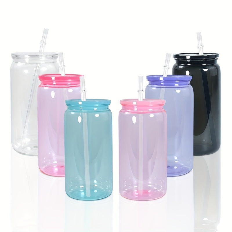 Set of 6 16oz Clear Plastic Cups with Lids and Straws in Vibrant Colors BPA-Free Reusable Drinkware