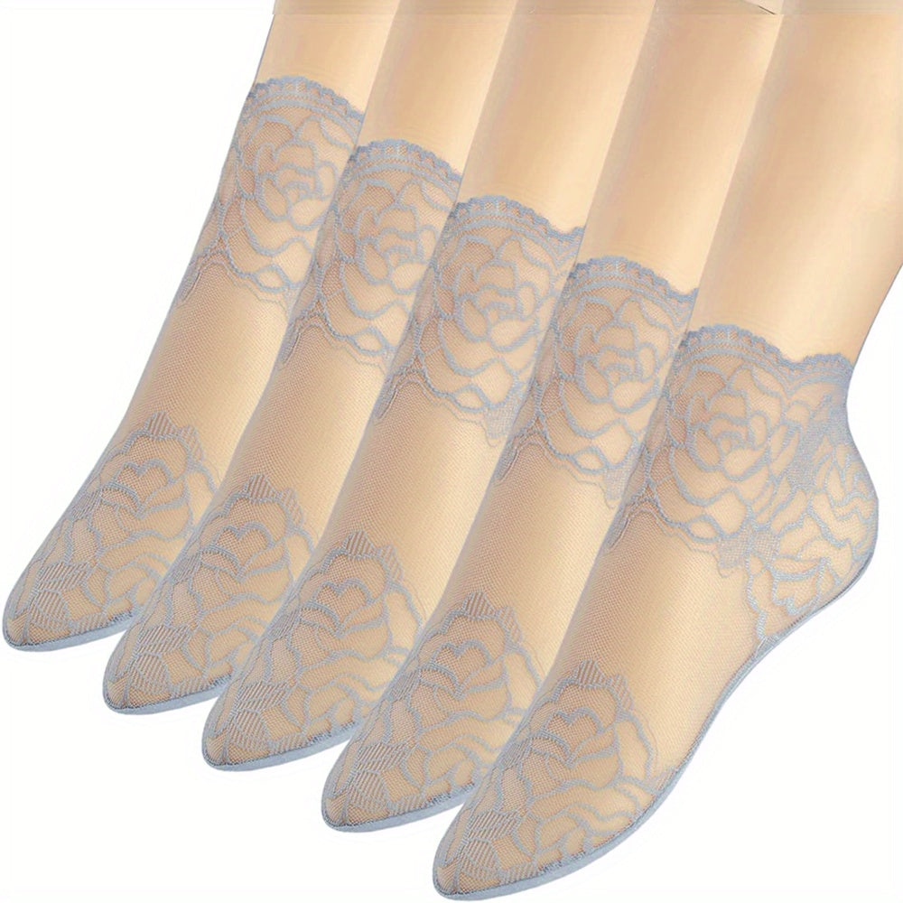 Women's Invisible Socks 5 Pairs Geometric Lace Floral Trim Polyester Spandex