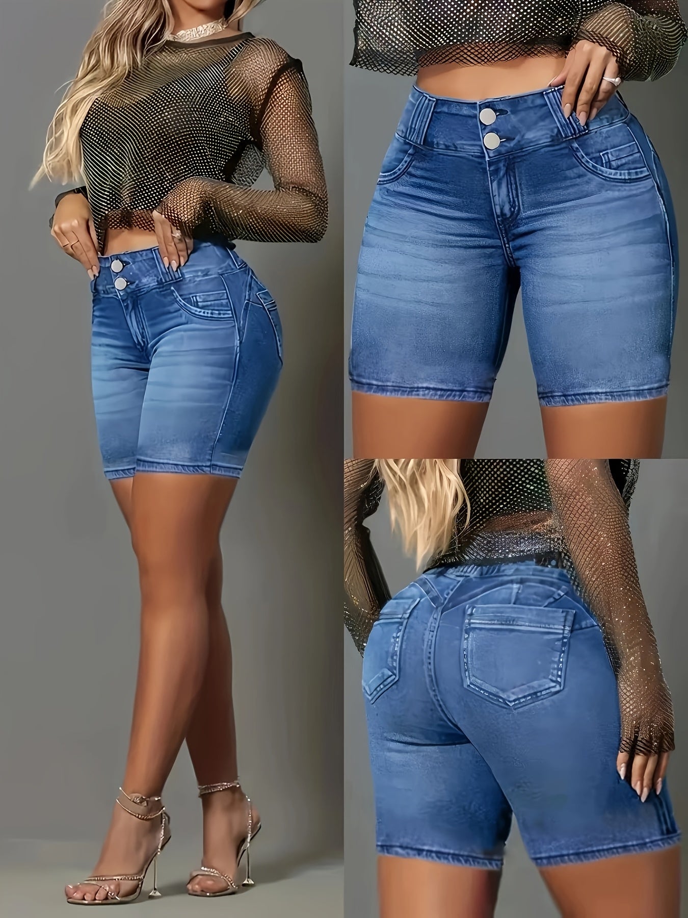 Pantalones cortos Bermuda de mezclilla de alta elasticidad para mujer, color sólido, lavado, vaquero, primavera-verano, de tiro alto