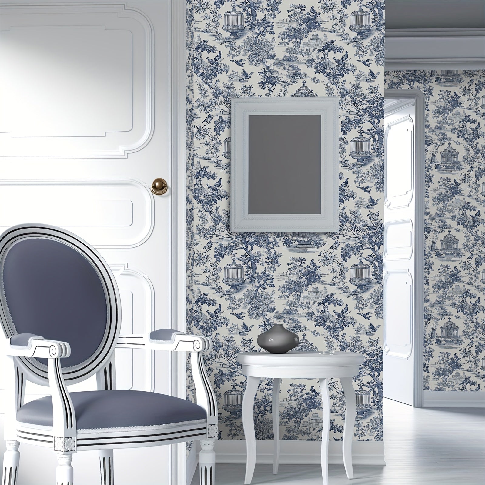 Retro Vinyl Wallpaper Blue Countryside Botanical Landscape Peel and Stick Waterproof Detachable for Home Decor