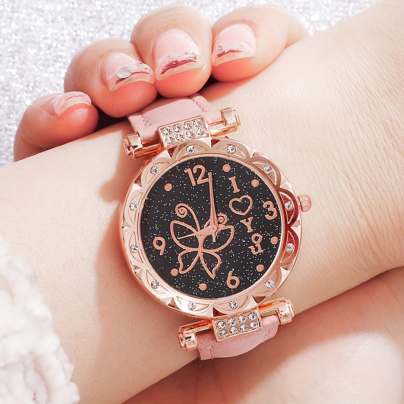 Women's Butterfly Themed Quartz Watch and Jewelry Set with 6 Pieces Zinc Alloy Case Leather Band
