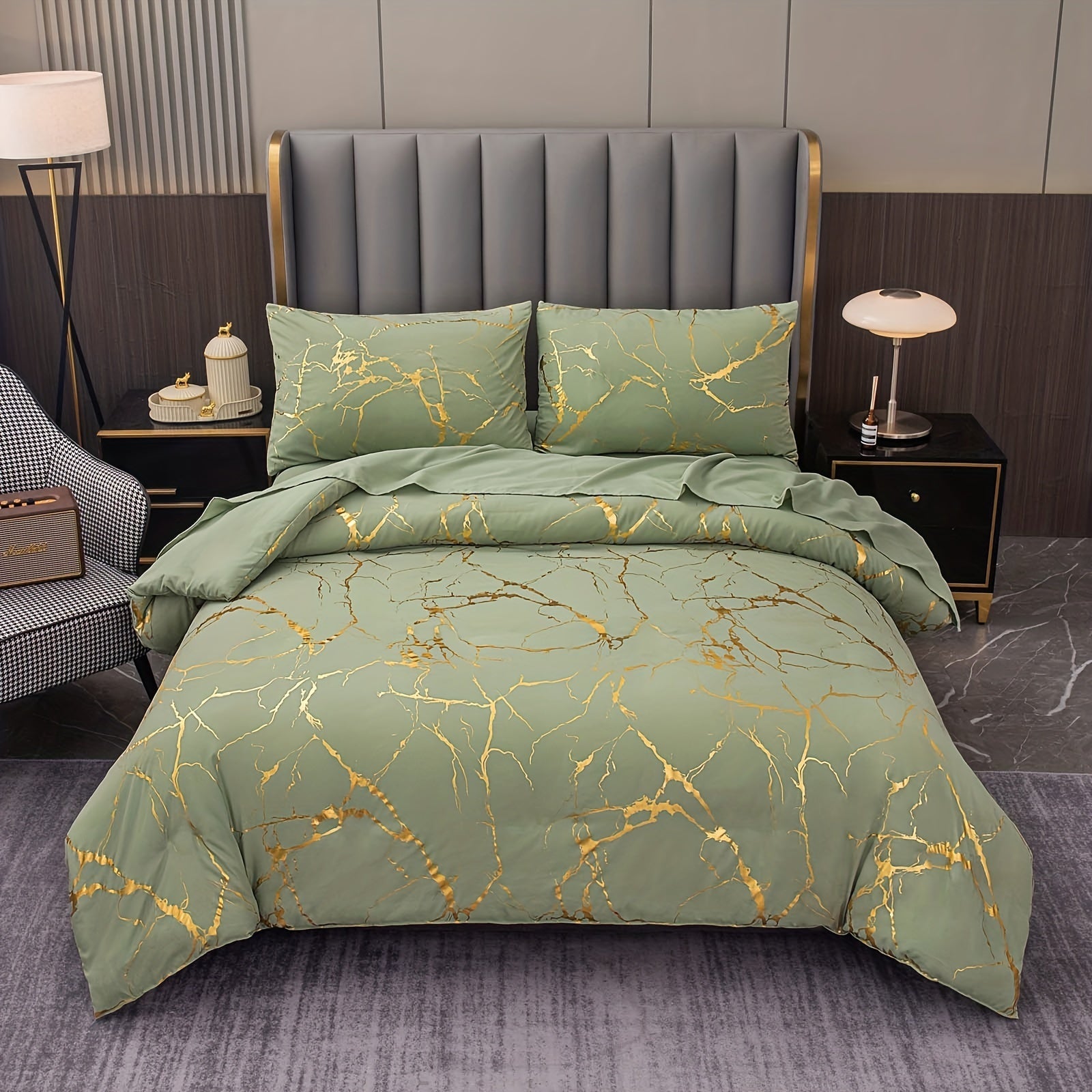 Elegant Marble Pattern Bedding Set in Pink Gray Green Blue Purple Washable Ultra-fine Fiber Duvet Cover 2-3 Piece