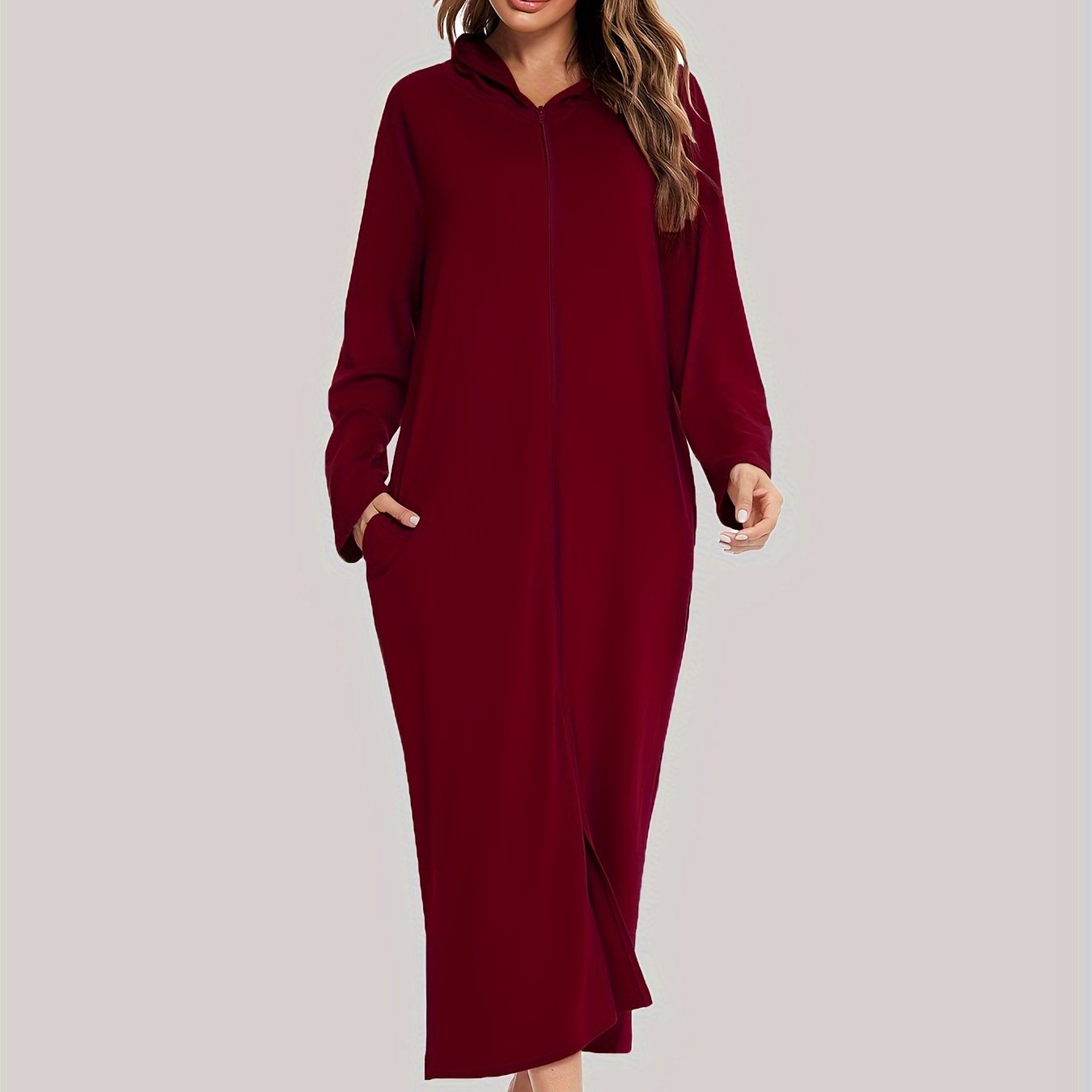 Women's Hooded Zip-Up Lounge Dress Solid Long Sleeve Casual Knit Fabric
