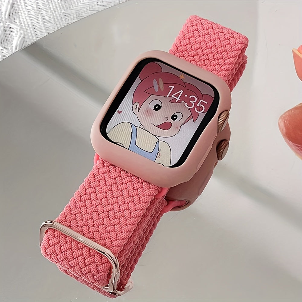 Adjustable Polyamide Watch Band Set with Breathable Elastic Woven Straps and Silicone Case for Apple Watch 38-49mm