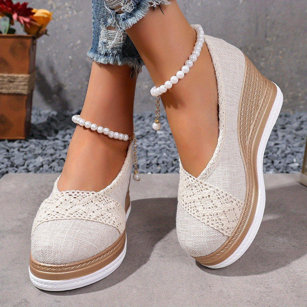 Women's Beige Espadrille Wedge Loafers Slip-On Shoes with Thick Sole