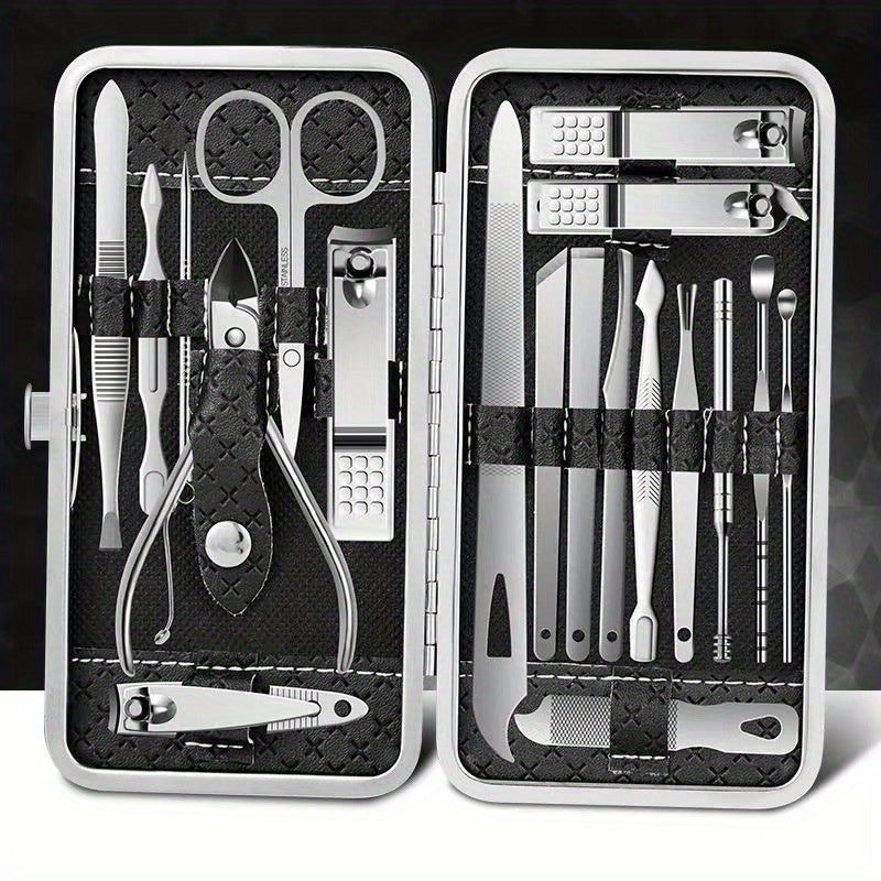 Set of 19 Stainless Steel Nail Clippers Manicure Pedicure Grooming Kit with Travel Case
