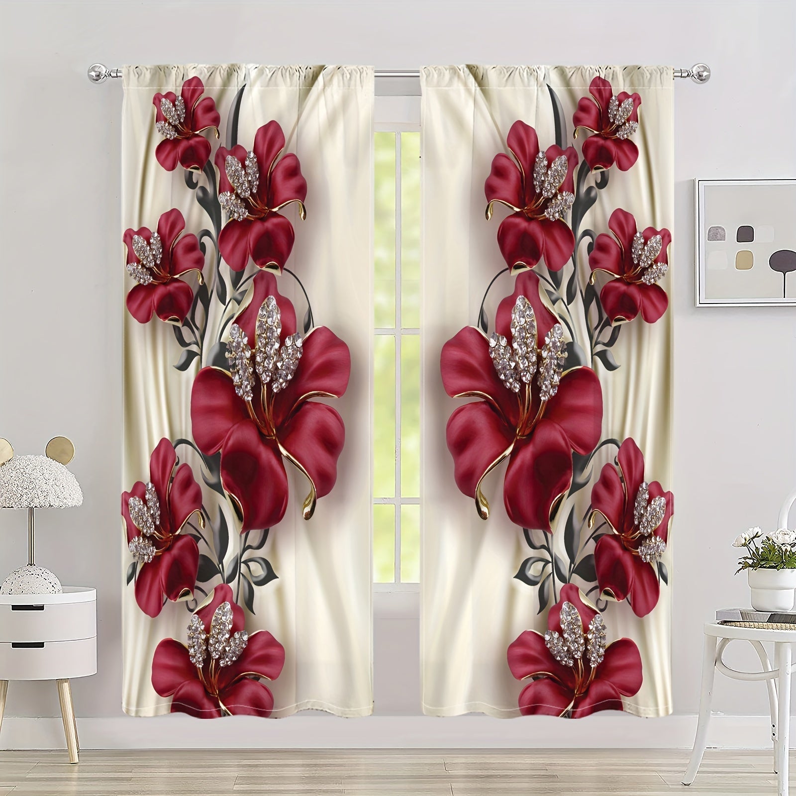 Red Rose Blackout Curtains Polyester Rod Pocket for Bedroom Living Room Office