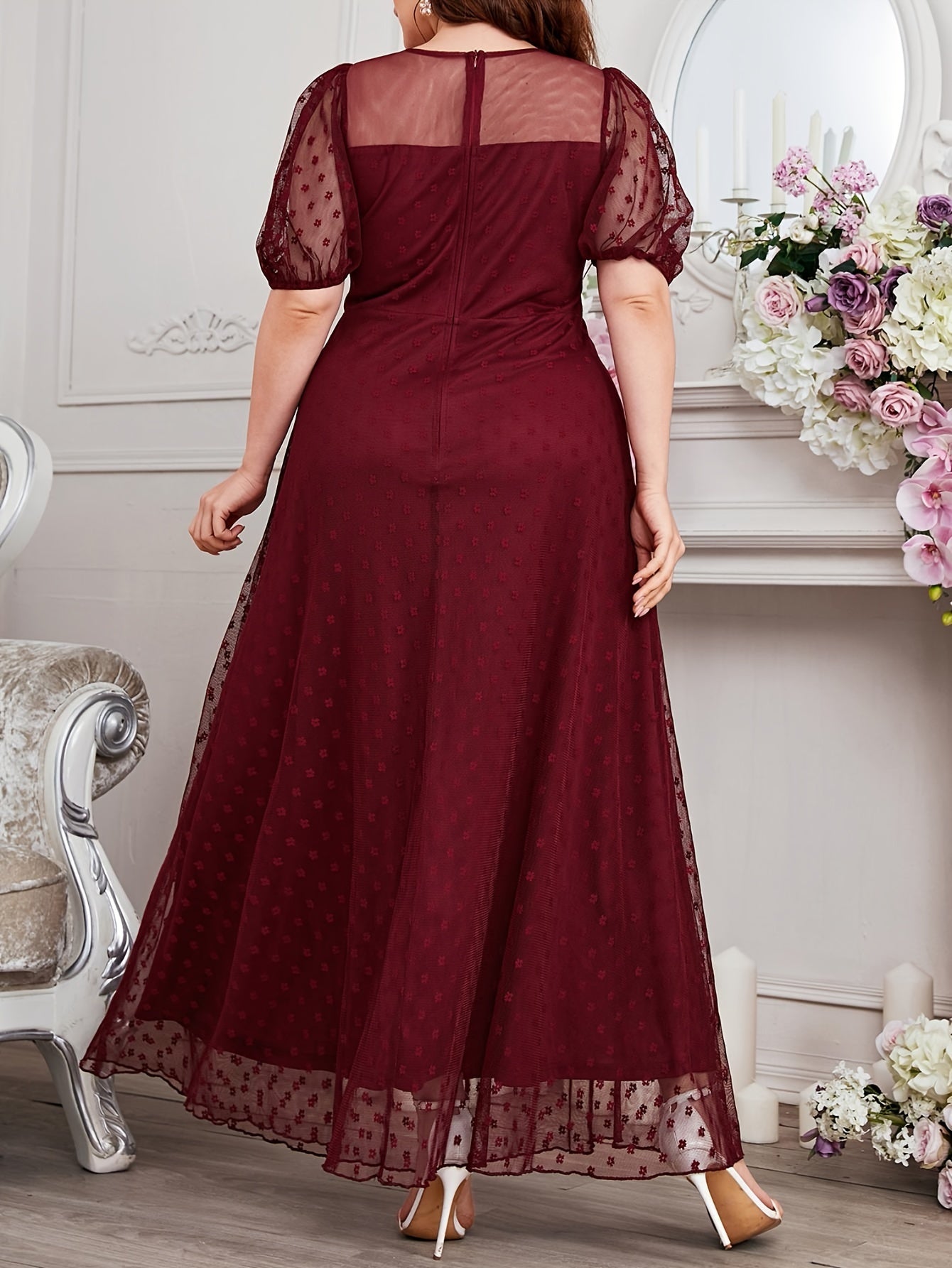 Women's V-Neck Lace Dress Plus Size Long Sleeve Evening Gown Creamy Yellow