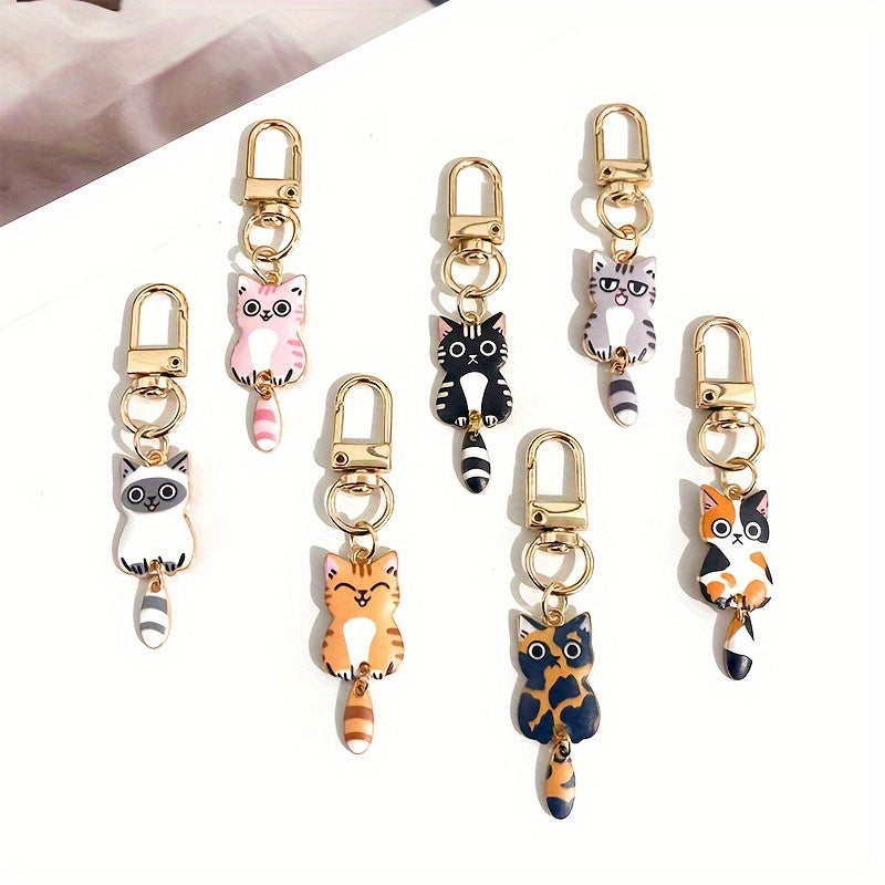 Set of 7 Zinc Alloy Cat Tail Keychains with Movable Tails for Bags and Zippers