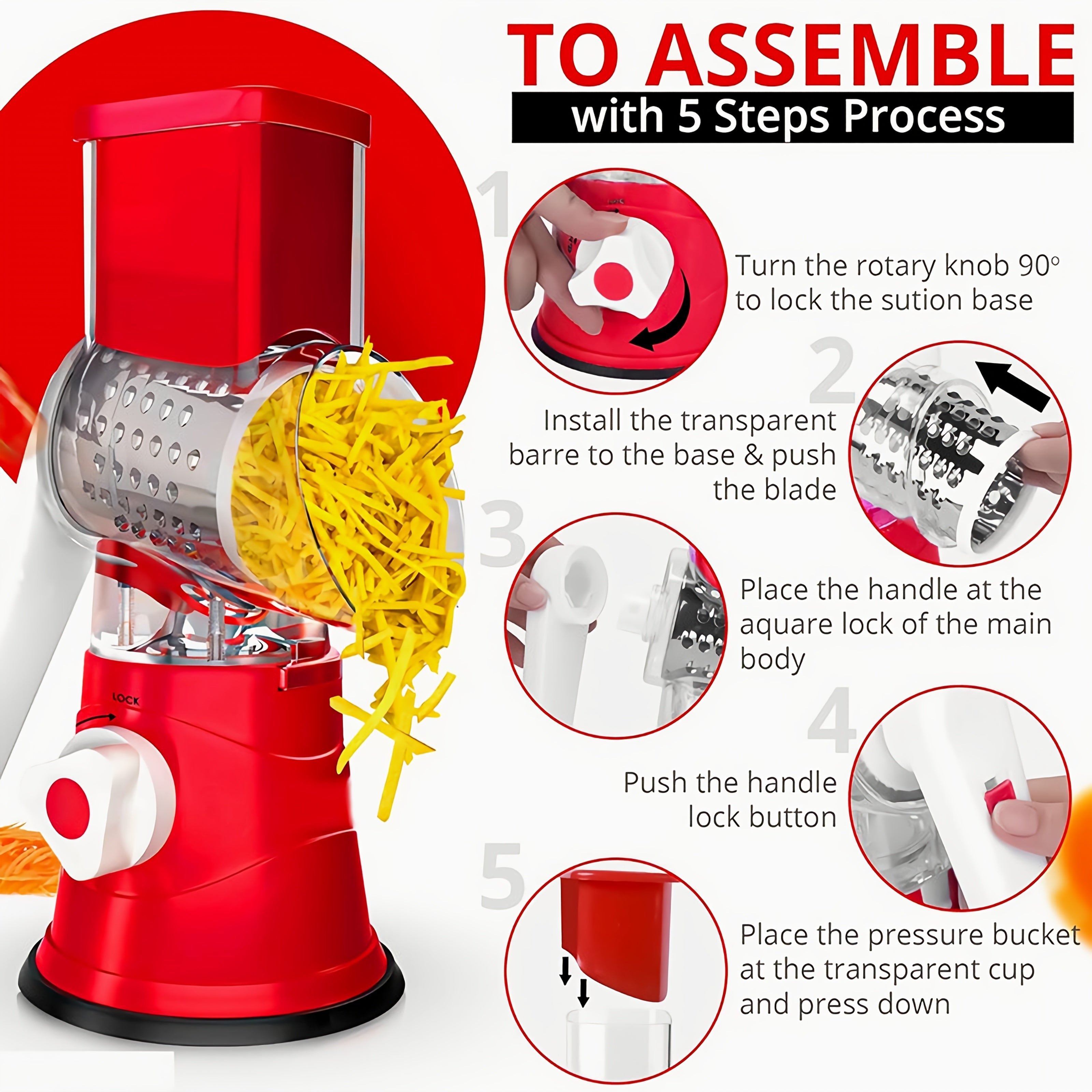 3-in-1 qo'lda oziq-ovqat maydalagichi, pichog'lari o'zgartiriladigan, pishloq, sabzavotlar, mevalar uchun